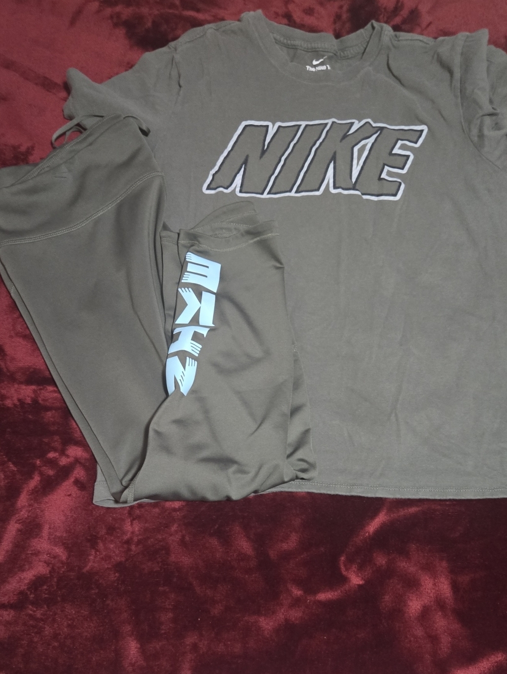 Nike Men’s Olive Tee & Woman's Athletic Shorts with Sky Blue Logo Accent